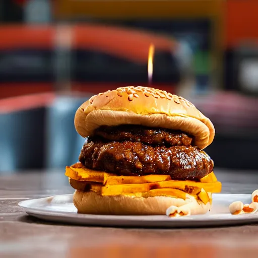 Prompt: Fast Food commercial photograph of a cinnamon hamburger bun with sweet potatoes, and melted marshmallows inside