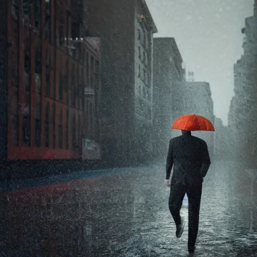 Image similar to lava man walking on a rainy street in a abandoned city, golden hours, heat wave, 4 k photoshop, photorealistic, 1 0 0 m, sharp focus, bokeh