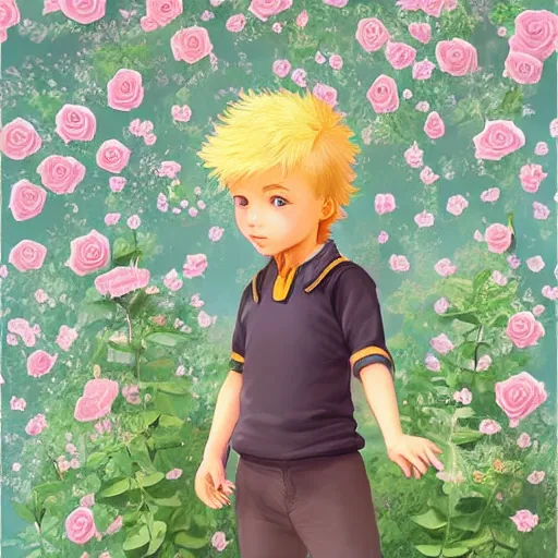 Prompt: the little prince standing in a garden of roses, blond hair, gorgeous, amazing, elegant, intricate, highly detailed, digital painting, artstation, concept art, sharp focus, illustration, art by corinna ice