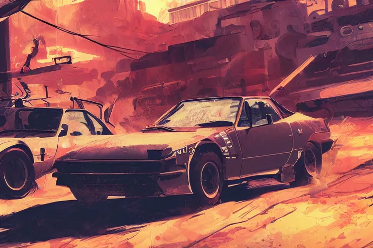 Image similar to digital illustration of mad max's toyota mr 2 pursuit special, by makoto shinkai, ilya kuvshinov, lois van baarle, rossdraws, basquiat