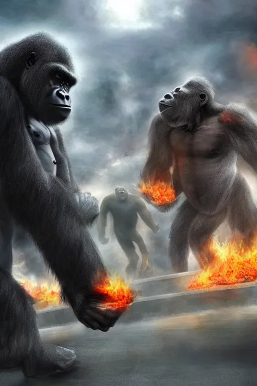 Image similar to concept art of huge gorilla fight with gorilla on burning tokyo city, cinematic composition, perfect lighting, art station trending