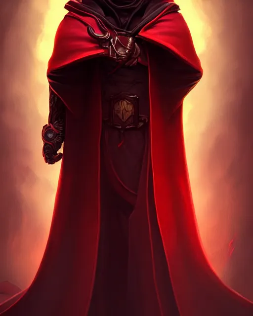 Prompt: painting of a wicked cool baron in a hooded dark red cloak with a soft glow instead of a face, fantasy, artstation, cgsociety, ultra high detail, stylized, centered, close up shot, full head in view