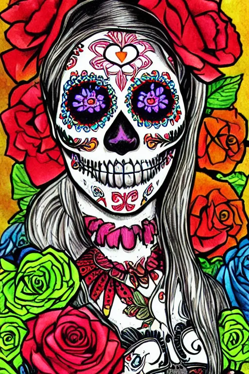 Prompt: Illustration of a sugar skull day of the dead girl, art by robert williams
