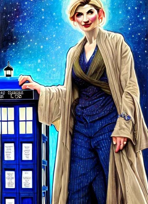 Prompt: oil painting of jodie whittaker with her tardis, intricate, elegant, highly detailed, lighting, painting, artstation, smooth, illustration, art by greg rutowski and alphonse mucha