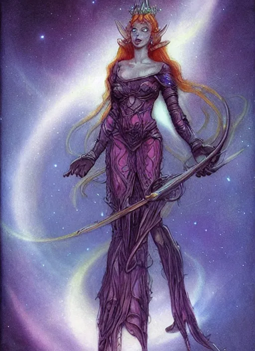 Prompt: portrait of female elf space queen, night sky background, beautiful! coherent! by brom, by brian froud, deep color, strong line, high contrast