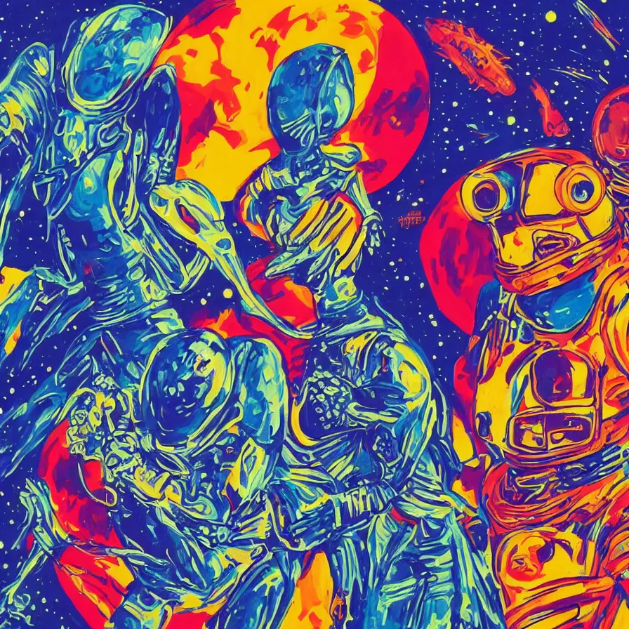 Image similar to an alien king and an astronaut talking face to face, overdetailed art, colorful, record jacket design