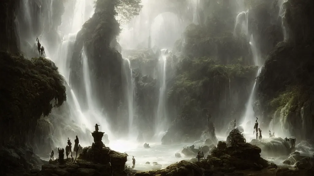 Image similar to the elven kingdom lies beneath the great underground waterfall. andreas achenbach, artgerm, mikko lagerstedt, zack snyder, tokujin yoshioka
