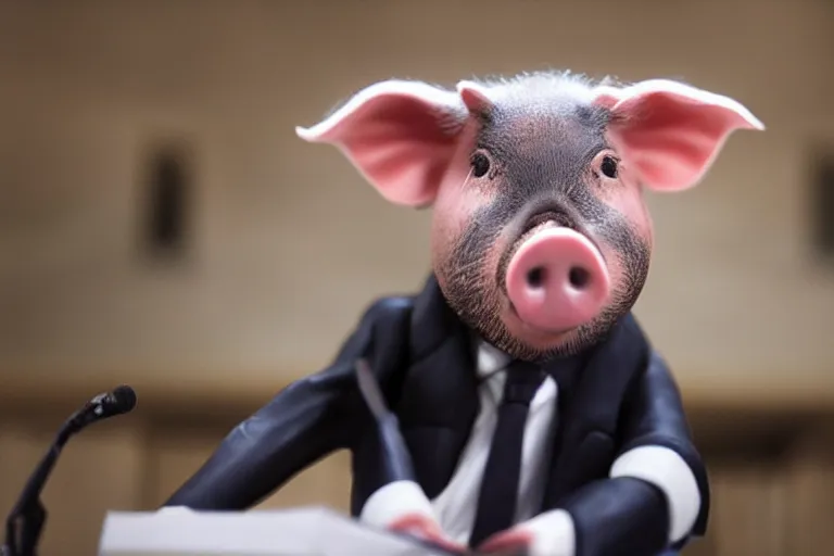 Image similar to movie scene closeup pig wearing a suit at a podium yelling. by emmanuel lubezki