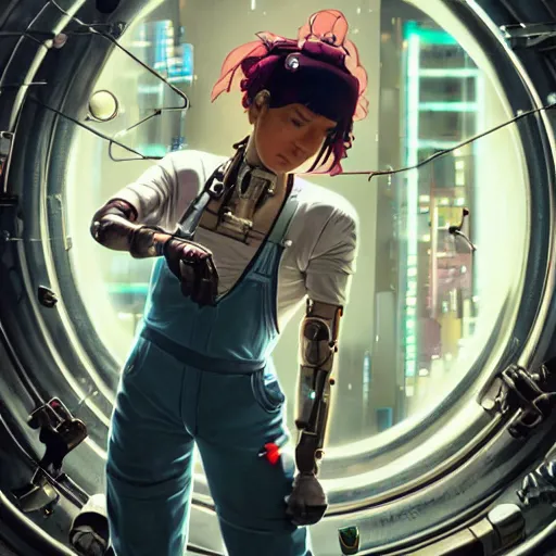 Prompt: A cyborg mechanic in overalls repairing a hovercar with a look of concentration on her face, cyberpunk, anime still, detailed face, detailed background, Ilya Kuvshinov, Hayao Miyazaki, Takashi Takeuchi, Alphonse Mucha