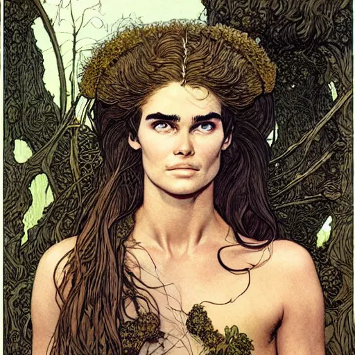 Prompt: a realistic, very beautiful and atmospheric portrait of young brooke shields aged 1 8 as a druidic warrior wizard looking at the camera with an intelligent gaze by rebecca guay, michael kaluta, charles vess and jean moebius giraud