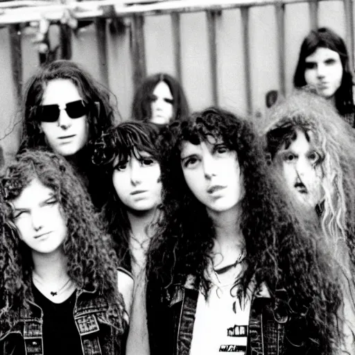 Image similar to group of 1 9 - year - old girls with shaggy wavy hair, wearing double denim, heavy metal band promo, doom metal band promo, stoner rock band promo, heavy rock band promo photo, 1 9 8 9 photo