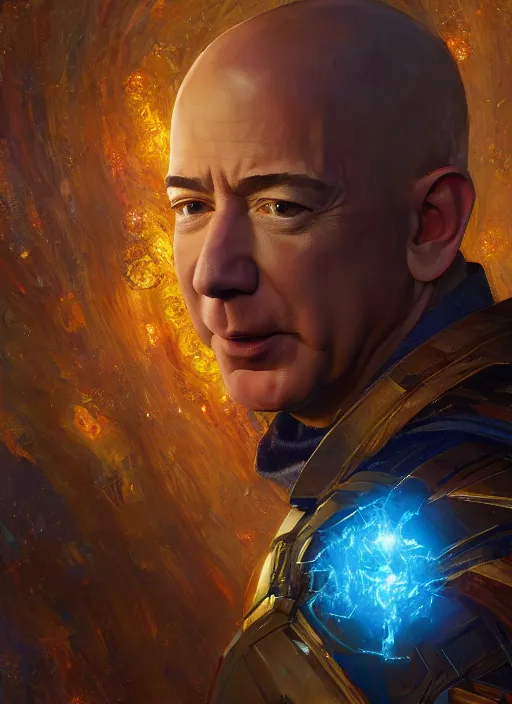 Prompt: jeff bezos collecting the infinity stones, au naturel, hyper detailed, digital art, trending in artstation, cinematic lighting, studio quality, smooth render, unreal engine 5 rendered, octane rendered, art style by klimt and nixeu and ian sprigger and wlop and krenz cushart.
