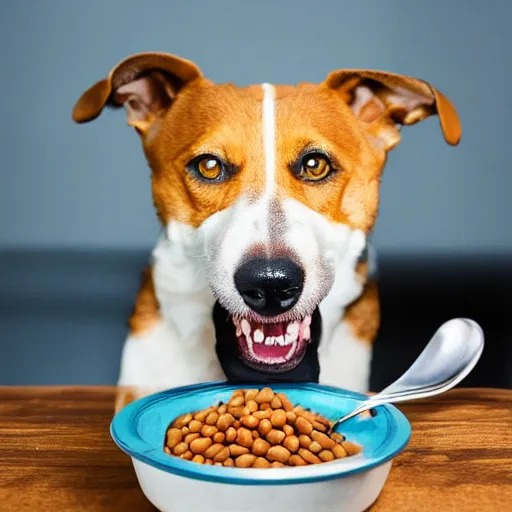 Image similar to a suspicious dog eating beans, flash photography