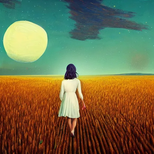 Image similar to giant daisy flower as a head, girl walking in wheat field, hills, surreal photography, moon light, dark night, star trails, dramatic light, impressionist painting, clouds, digital painting, artstation, simon stalenhag