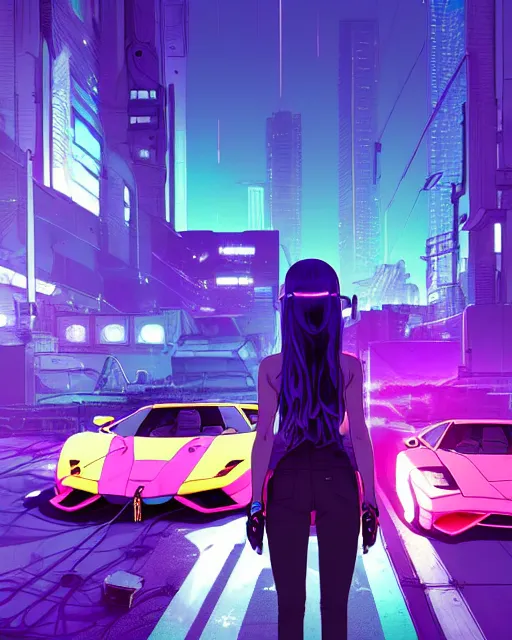 Image similar to digital illustration of cyberpunk pretty girl with blue hair, standing in front of a purple lamborghini, in junkyard at night, by makoto shinkai, ilya kuvshinov, lois van baarle, rossdraws, basquiat