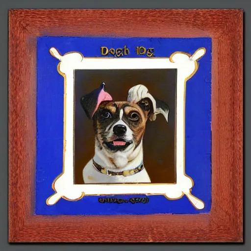 Image similar to painted colorful wooden frame, elegant, 1 9 2 0 s, for a square picture of a happy dog. the frame is ornate and has room for the name tag of the dog. digital art