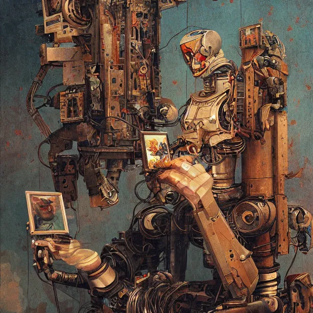 Image similar to robot artist painting a self - portrait on a canvas. intricate, highly detailed, digital matte painting, in the style of alexandros pyromallis, and in the style of sachin teng, and in the style of hans thoma, and in the style of gerald brom. irony, recursion, inspiration.