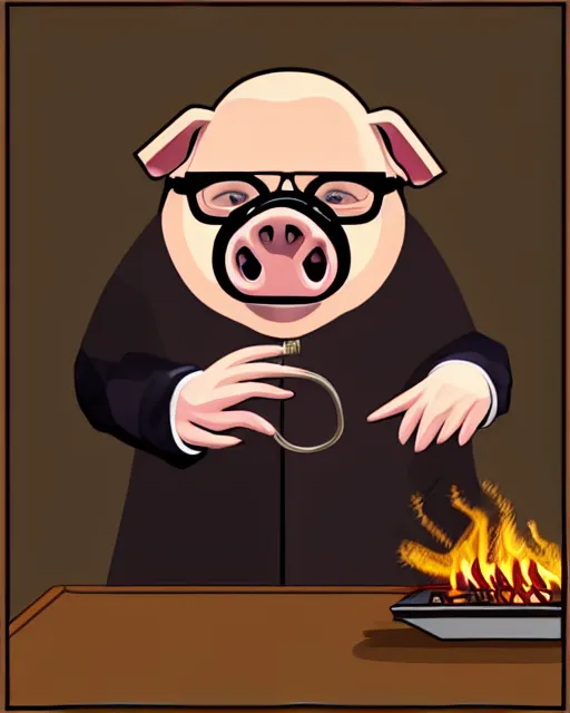 Prompt: “ a pig dressed as a judge with a robe and glasses, roasting over a fire pit realistic shaded, fine details. realistic shaded lighting ”