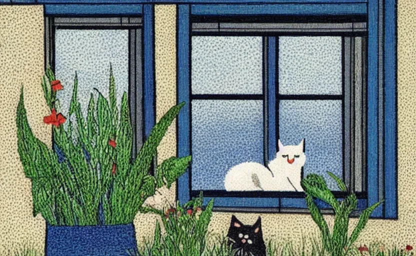 Image similar to sleeping cat on window, inside house in village, plants, divisionism and pointillism style