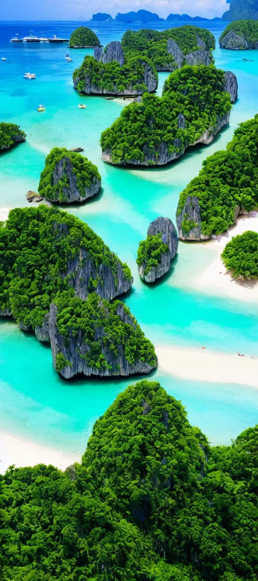 Prompt: koh samui koh krabi crystal clear blue water white sandy beach, 8 k wallpaper, high viewpoint, beautiful lighting, dslr