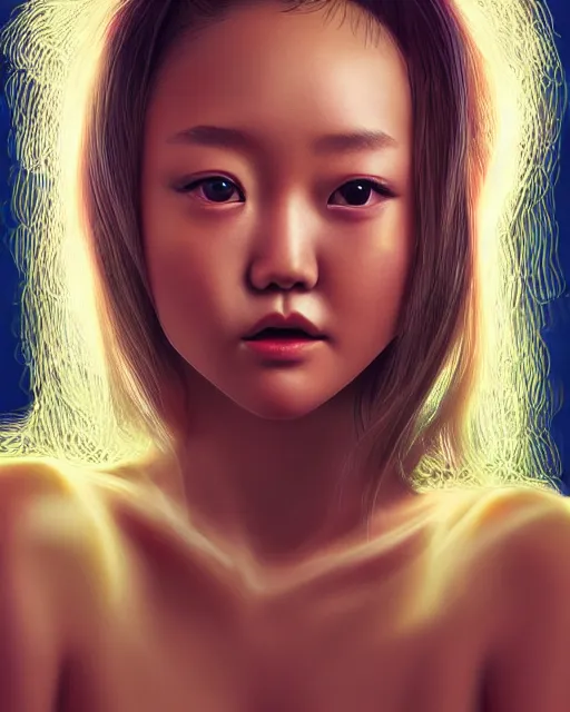 Image similar to beautiful devon aoki as honey, made of honey, wearing neon honey miniskirt, award winning creature portrait photography, extremely detailed, artstation, 8 k, sensual lighting, incredible art, wlop, artgerm, backlit, rim lighting