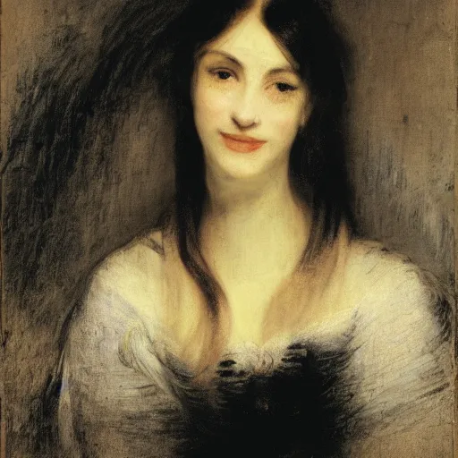 Prompt: morgana from fata morgana, smiling, painted by joseph mallord william turner, portrait