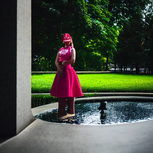 Image similar to a full body portrait of a young maid standing before a fountain in a park, 8k, cinematic, photo taken with Sony a7R camera, by William-Adolphe