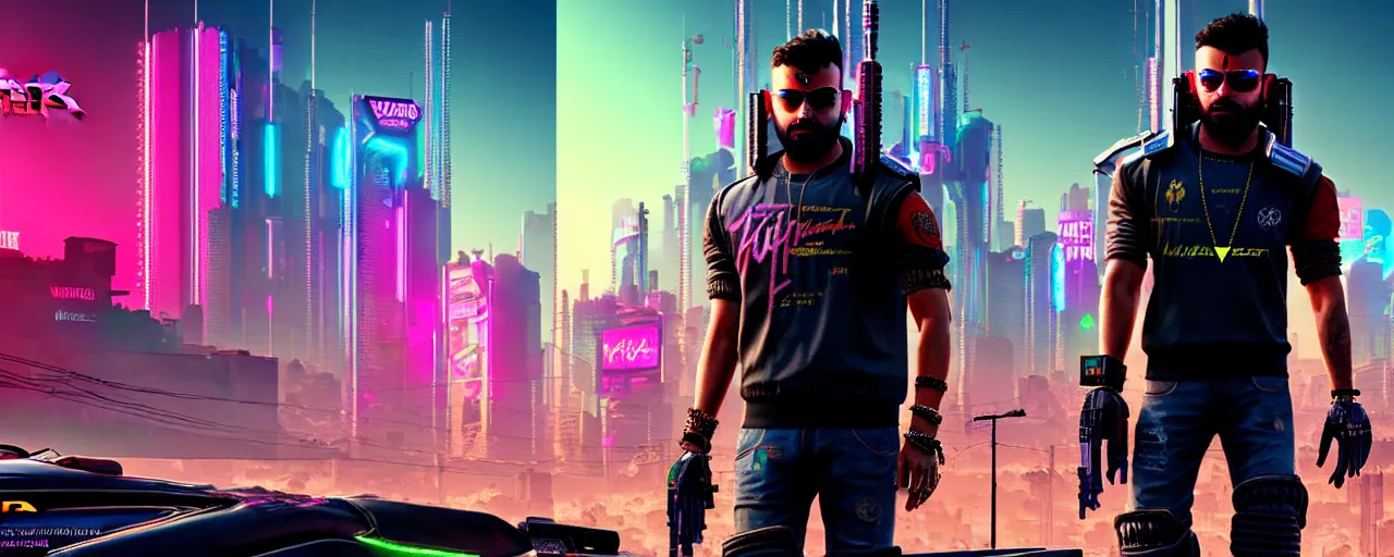 Image similar to Virat Kholi, in CyberPunk 2077, reimagined as a cyberpunk dystopia, 4k highly detailed digital art 4k highly detailed digital art