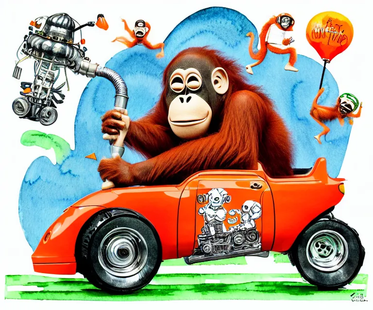 Image similar to cute and funny, orangutan wearing a helmet riding in a tiny hot rod with oversized engine, ratfink style by ed roth, centered award winning watercolor pen illustration, isometric illustration by chihiro iwasaki, edited by range murata, tiny details by artgerm, symmetrically isometrically centered