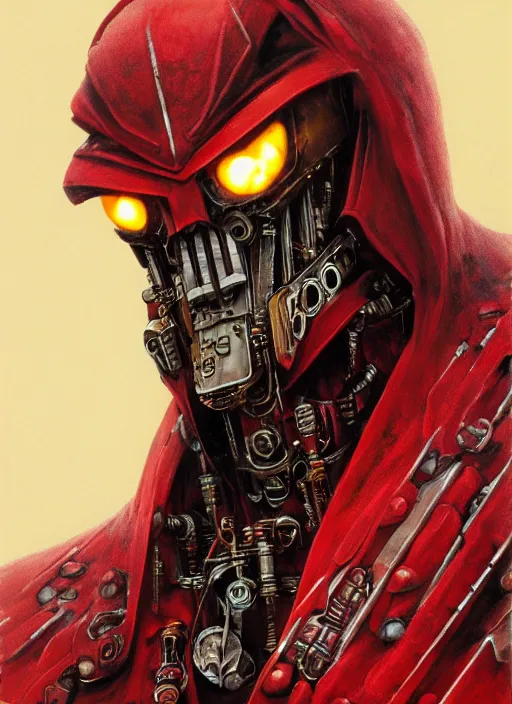 Image similar to portrait of rotten flash head adeptus mechanicus in red hood and robe from Warhammer 40000. Highly detailed, artstation, illustration by and John Blanche and zdislav beksinski and wayne barlowe