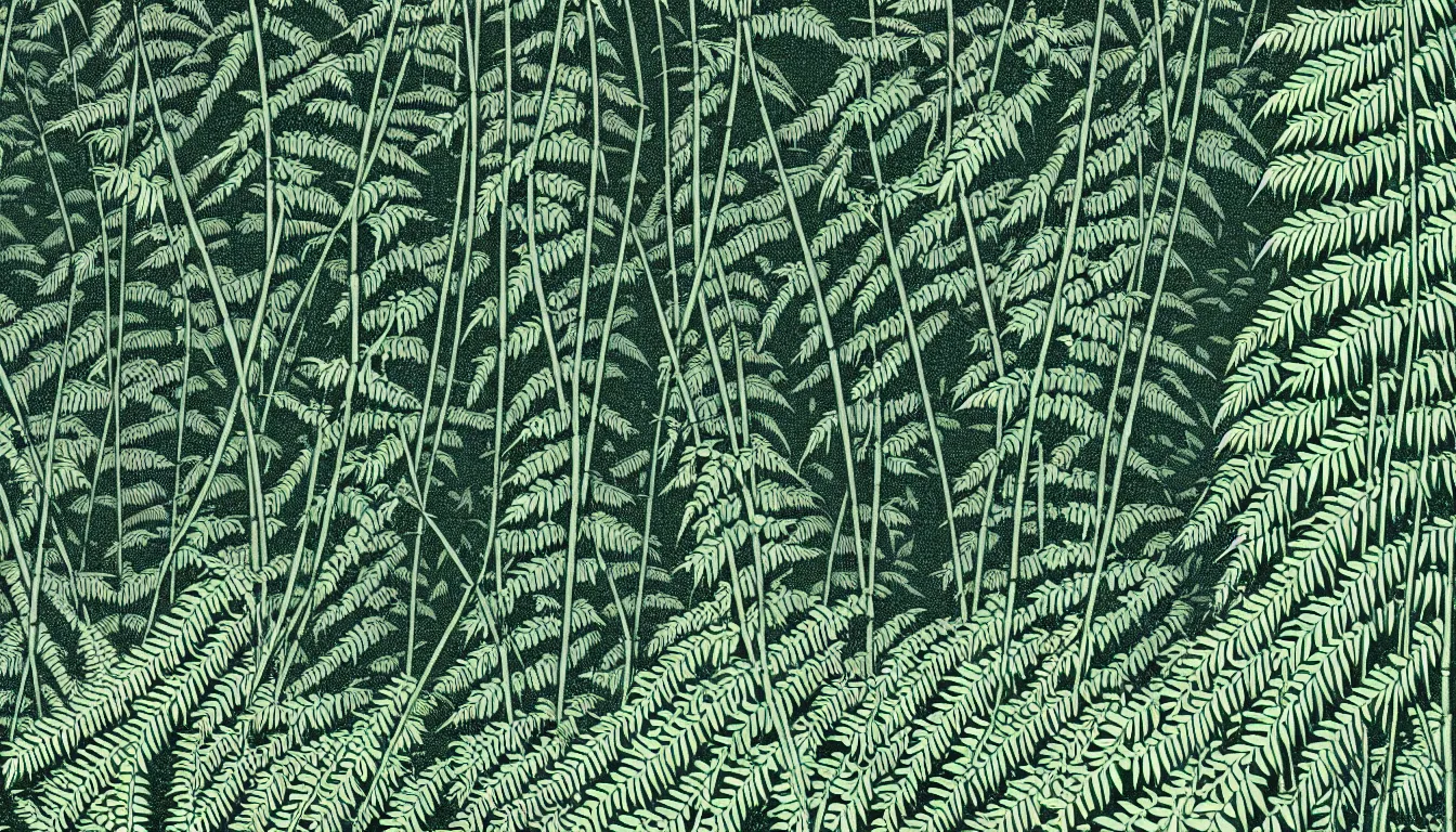 Prompt: close up of fern with bamboo grove in the background by woodblock print, nicolas delort, moebius, victo ngai, josan gonzalez, kilian eng