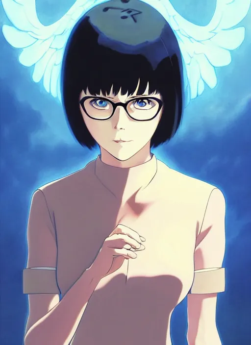 Image similar to Painting of grown-up Velma Dinkley in the style of Ghost in The Shell, beautiful anime art style, winged eyelashes, countryside, calm, fantasy character portrait, dark outlines, dynamic pose, above view, sunny day, artwork by Makoto Shinkai, very coherent asymmetrical artwork, sharp edges, perfect face, simple form, 100mm