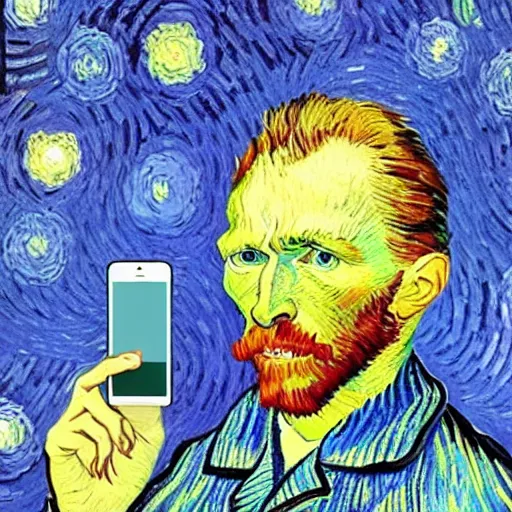 Image similar to vincent van gogh!!!! holding!!!!! an iphone in his hand!!!!!!, illustrated by vincent van gogh, 4 k, 8 k, photorealistic imagery