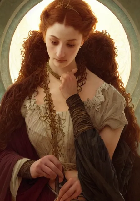 Image similar to portrait of sansa stark and arya, intricate, elegant, highly detailed, digital painting, artstation, concept art, smooth, sharp focus, illustration, art by artgerm and greg rutkowski and alphonse mucha and william - adolphe bouguereau