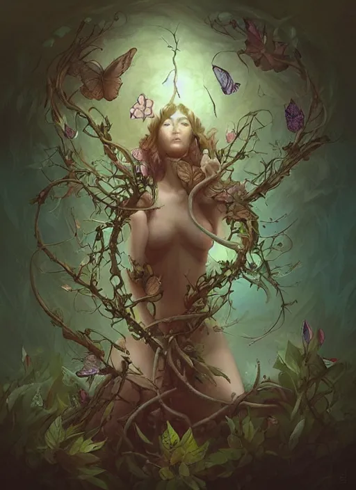 Prompt: “female druid fantasy portrait, entwined leaf skeleton, roots glowing, magical realist butterflies by peter mohrbacher, artstation”