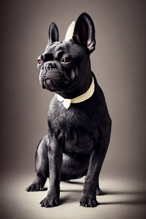 Prompt: full body portrait of a black french bulldog, symmetrical, detailed facial features, victorian female clothing, cinematic lighting, highly detailed, by annie leibovitz, 4 k,