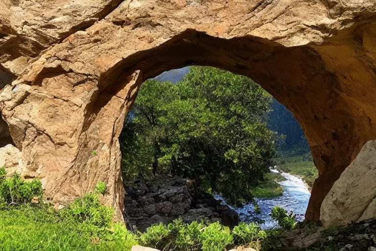 Prompt: 📷 A beautiful looking nature scene seen through an natural arch of stone ✨