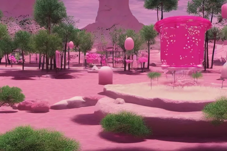 Prompt: desert oasis in a translucent pink casing electronic environment, ps 3 screenshot, still from a kiyoshi kurosawa movie, sanrio core