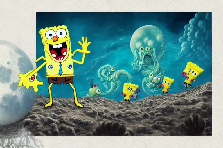 Prompt: Spongebob Cthulhu chimera on the photorealistic lunar landscape, high detail, movie poster, moon surface, silhouetted