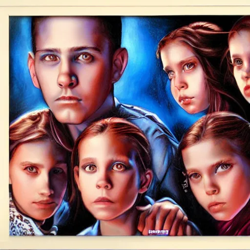 Image similar to 4 siblings standing together, 3 male 1 female, airbrush art, drew struzan illustration art, key art, portrait