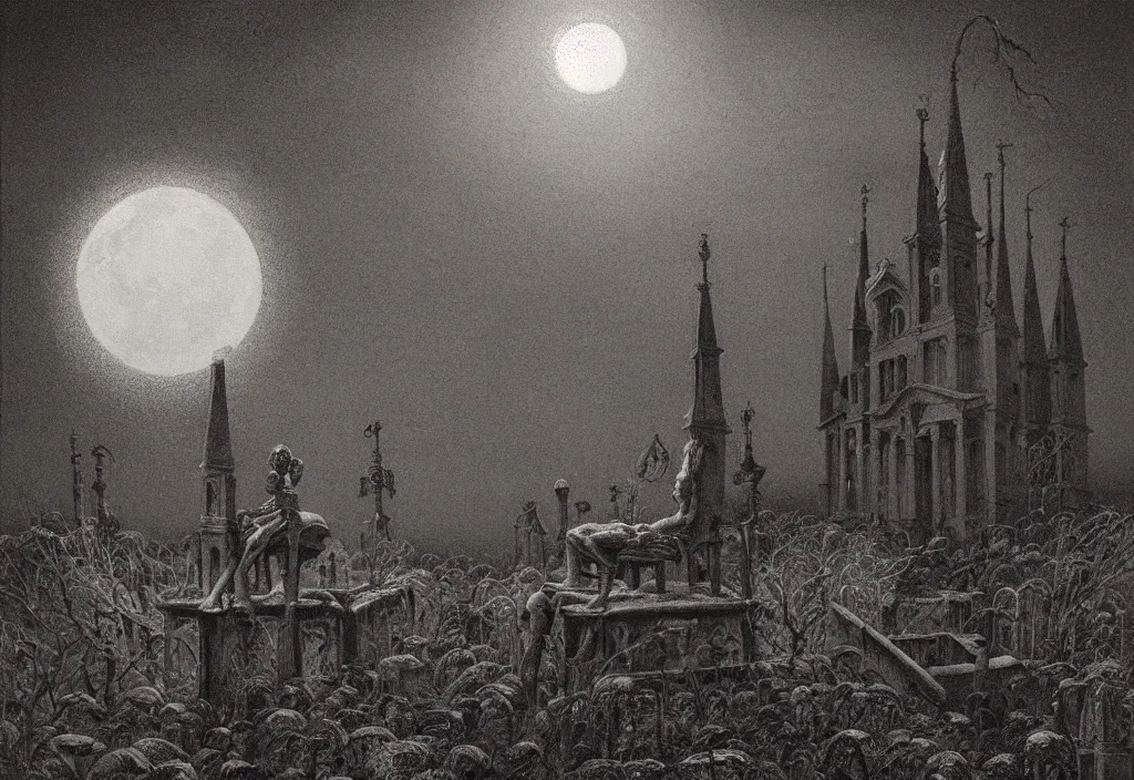 Prompt: a moonlit night at the st. louis cementer in new orleans, louisiana by billelis, clive barker, and zdzisław beksinski