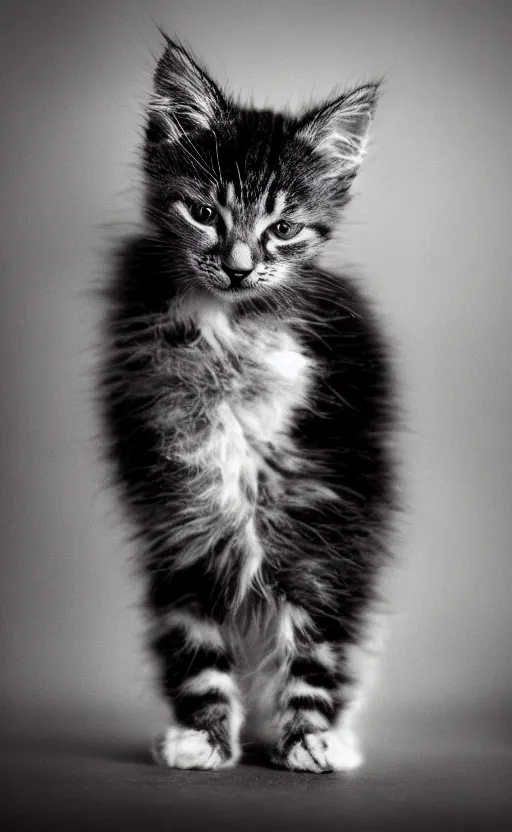 Prompt: Award winning Editorial photo of an adorable kitten standing by Edward Sherriff Curtis and Lee Jeffries, 85mm ND 5, perfect lighting, gelatin silver process