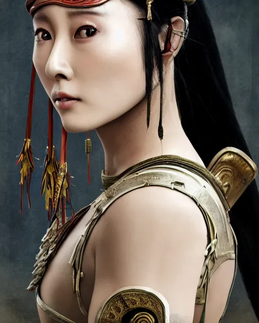 Image similar to fan bingbing as chinese warrior princess at the battle of helms deep, background: battle scene, clear makeup, clean hair, dry skin, clear skin, airbrushed, bright eye makeup, warrior body, photo by mario testino, 8k octane render, cinematic, hyper detailed, micro details, insanely detailed, trending on artstation, concept art