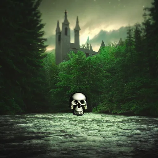 Image similar to a photo of a dream world, forest, river, skull, church, dark lighting