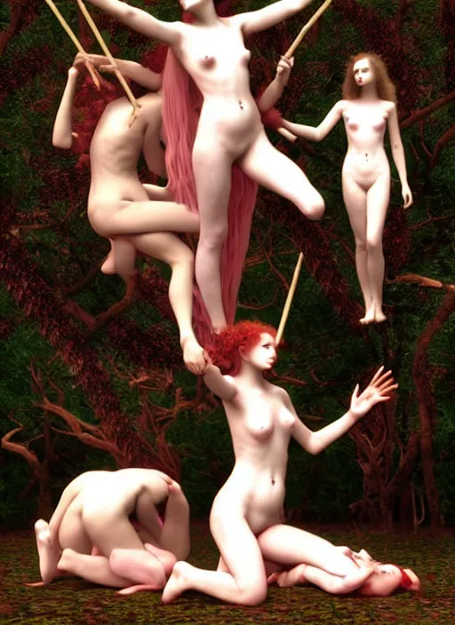 Image similar to pagan girls performing an occult esoteric satanic ritual on a goat in a deep thorns bones bloody 3d vaporwave cyber forest in 5th dimensional space, by william-adolphe bouguereau and Austin Osman Spare and Takato Yamamoto, high resolution, rendered in octane 3d