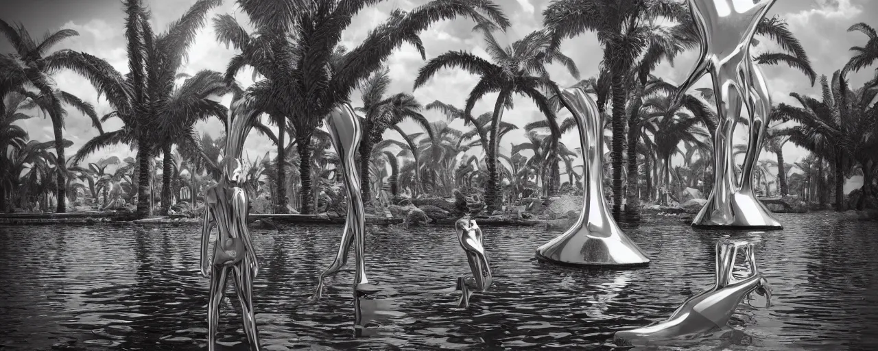 Prompt: hyperrealistic geometric objects in a surreal minimalistic dreamscape environment by salvador dali, enormous chrome man, highly detailed, 3 d render, octane, beautiful lighting, photorealistic, intricate, elegant, wayne barlowe, water, mirrors, doorway, beautiful, masterpiece, trending on artstation, artgerm, palm tree