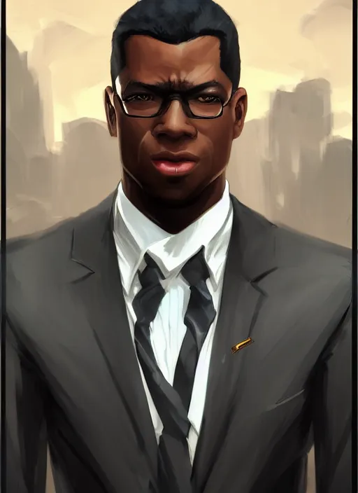 Image similar to detailed digital painting of handsome black man in corporate attire with short natural mohawk, fanart behance trending on artstation, concept art, matte, sharp focus, illustration, super hero pose, hearthstone, art by artgerm and greg rutkowski and alphonse mucha