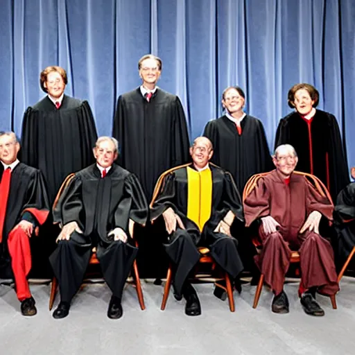 Image similar to 6 Clowns sitting with 3 Justices on the Supreme Court, photorealistic