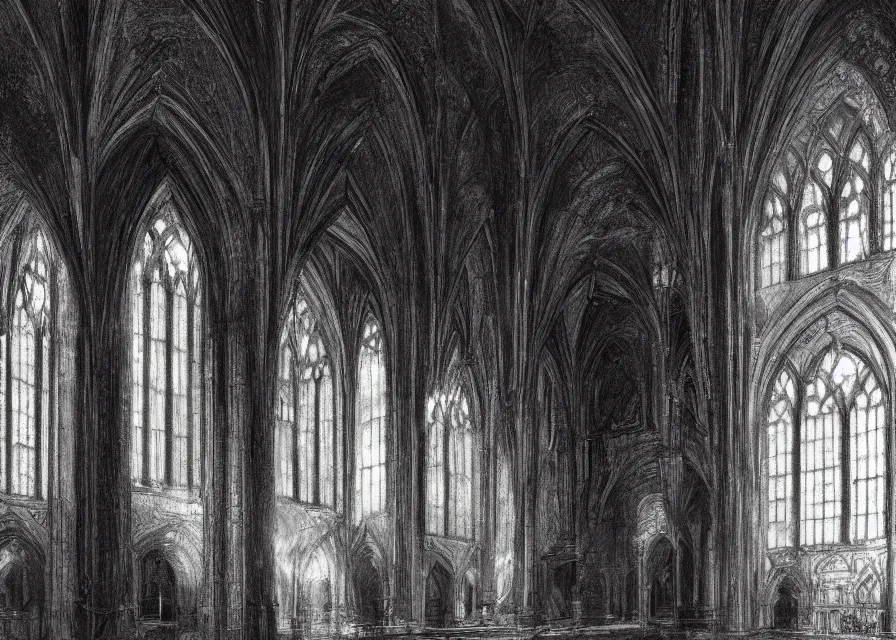 Prompt: interior of a black cathedral, pencil, concept art, detailed, 4k, artstation
