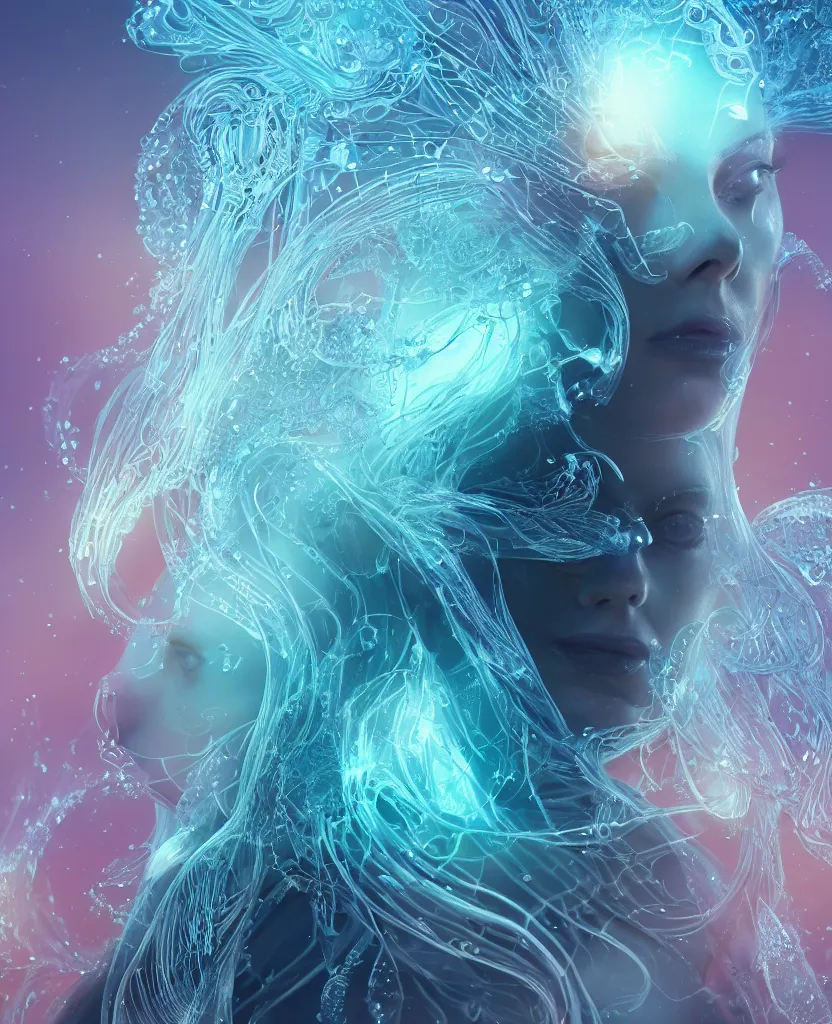 Image similar to close-up macro portrait of the face of a beautiful princess, epic angle and pose, symmetrical artwork, 3d with depth of field, blurred background, cybernetic jellyfish female face skull phoenix bird, translucent, nautilus, energy flows of water and fire. a highly detailed epic cinematic concept art CG render. made in Maya, Blender and Photoshop, octane render, excellent composition, cinematic dystopian brutalist atmosphere, dynamic dramatic cinematic lighting, aesthetic, very inspirational, arthouse. y Greg Rutkowski, Ilya Kuvshinov, WLOP, Stanley Artgerm Lau, Ruan Jia and Fenghua Zhong